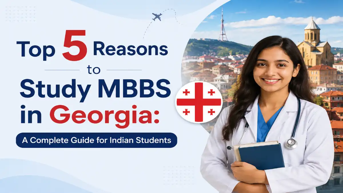 Indian medical student in a white coat standing in front of a Georgia cityscape, illustrating the top reasons to study MBBS in Georgia for Indian students.