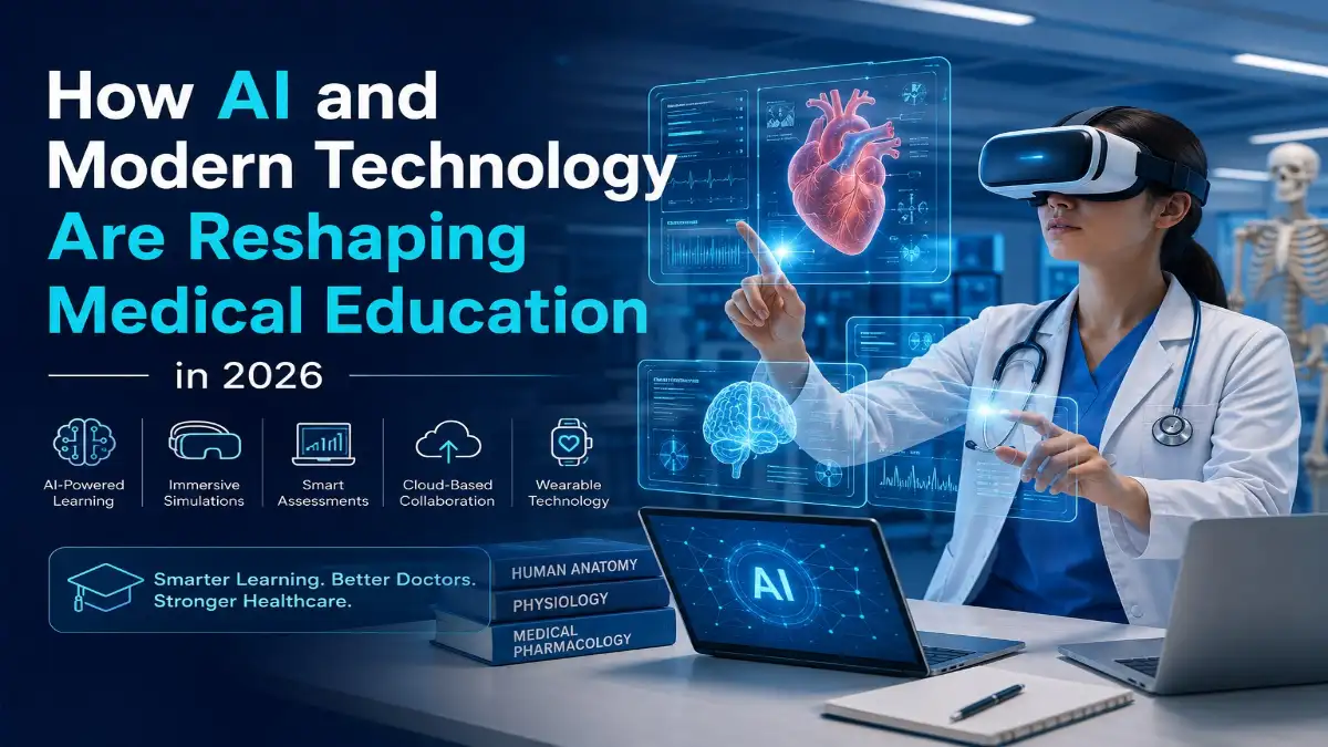 Medical student using VR technology and AI-powered holographic anatomy displays in a modern simulation lab, demonstrating how artificial intelligence and advanced technology are transforming medical education in 2026