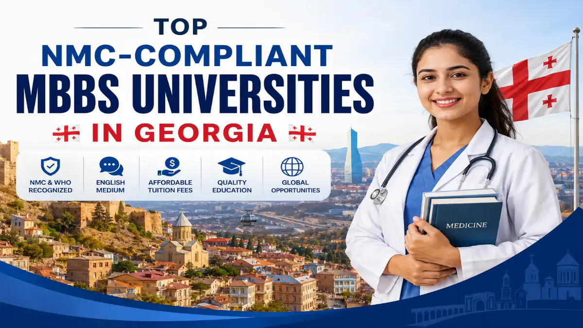 Medical student standing in front of the Georgian flag and Tbilisi cityscape, representing top NMC-compliant MBBS universities in Georgia for Indian students seeking medical education abroad.