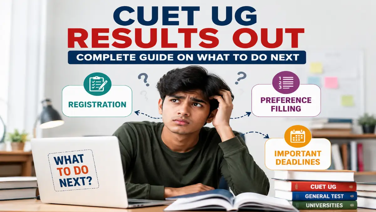 CUET UG results out feature image with confused student, laptop, registration, preference filling and deadline reminders.