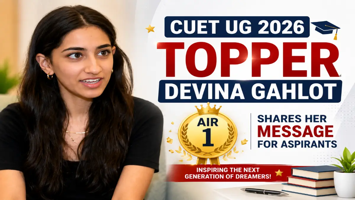 CUET UG 2026 topper Devina Gahlot AIR 1 featured image with news-style academic design.