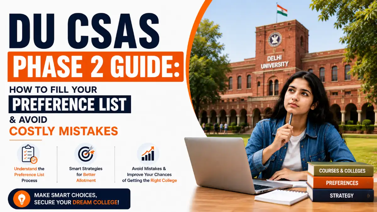 DU CSAS Phase 2 guide feature image with Delhi University campus, student with laptop and preference list text.