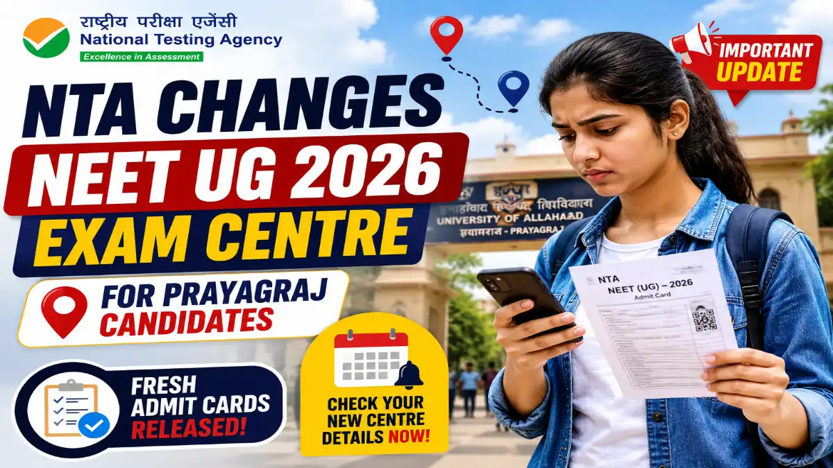 Indian NEET aspirant checking a smartphone and admit card after NTA changed the NEET UG 2026 examination centre for candidates in Prayagraj.