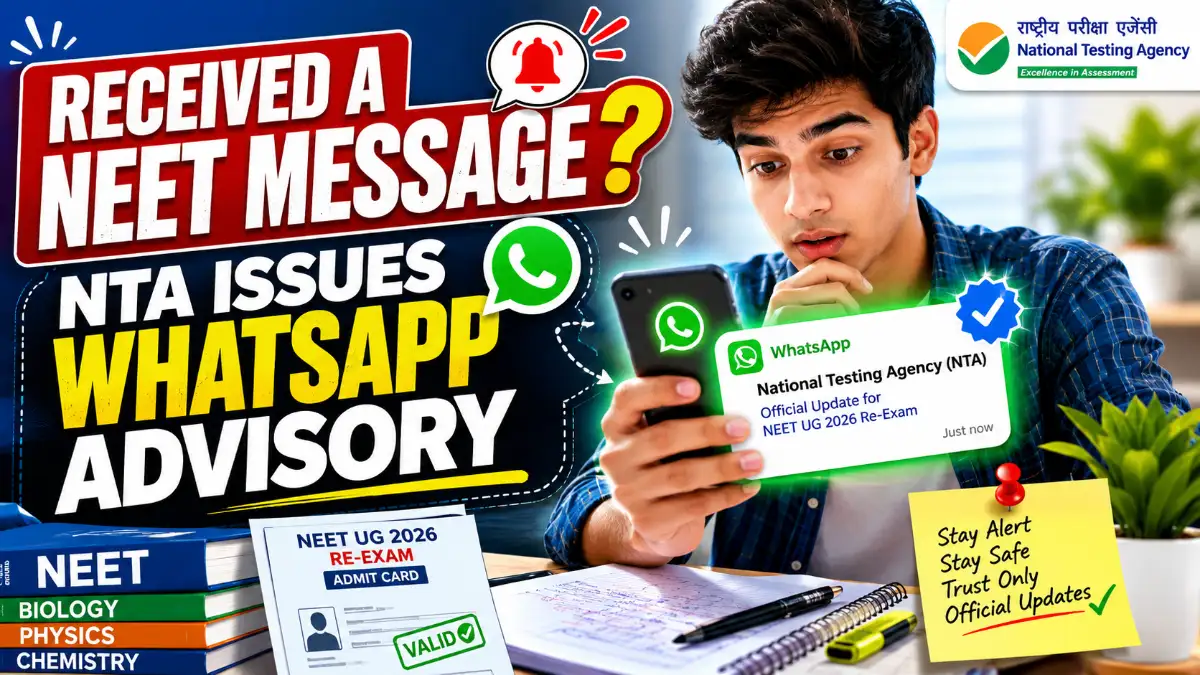 NEET aspirant checking an official WhatsApp notification from NTA regarding the NEET UG 2026 re-exam on a smartphone.
