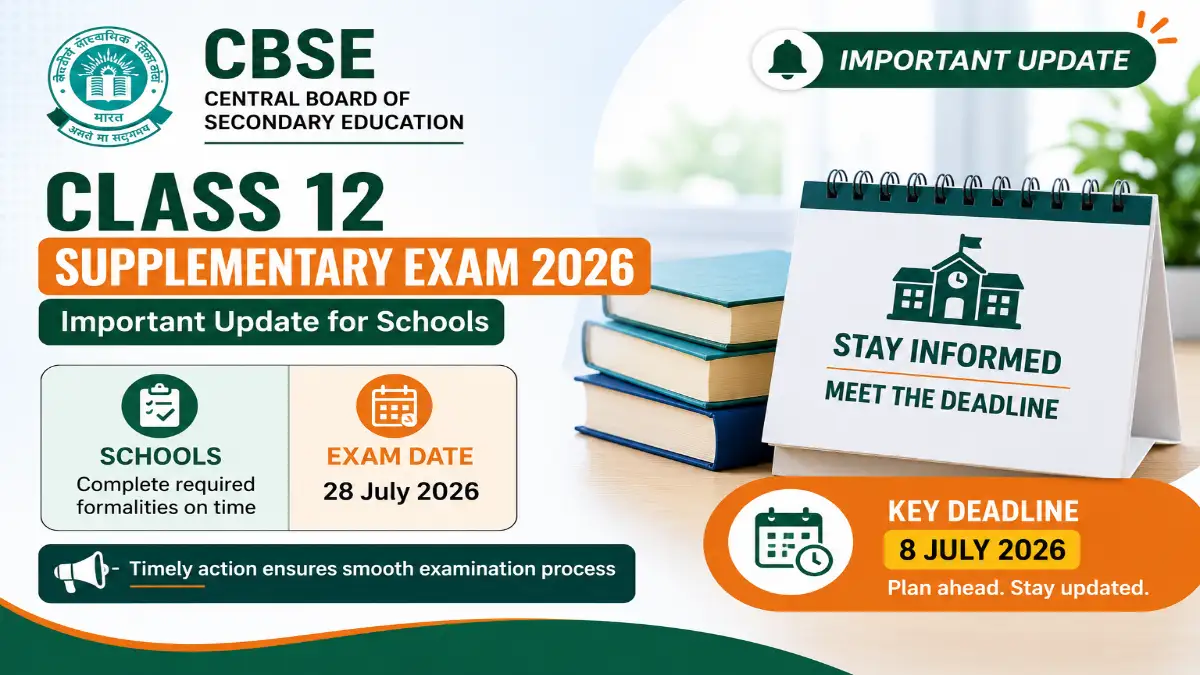 CBSE Class 12 Supplementary Exam 2026 graphic highlighting an important update for schools, key deadline July 8, and exam date July 28.