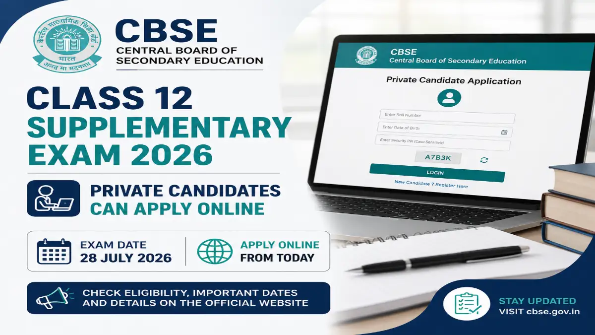 CBSE Class 12 Supplementary Exam 2026 graphic showing private candidate online application details with exam date July 28, 2026.