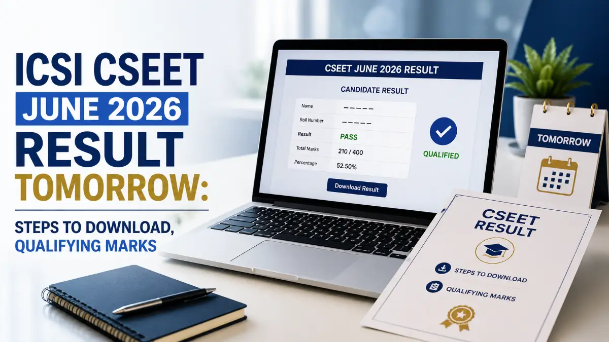 Laptop displaying the ICSI CSEET June 2026 result portal with a digital scorecard, representing the upcoming result announcement and download process. (AI-Generated)