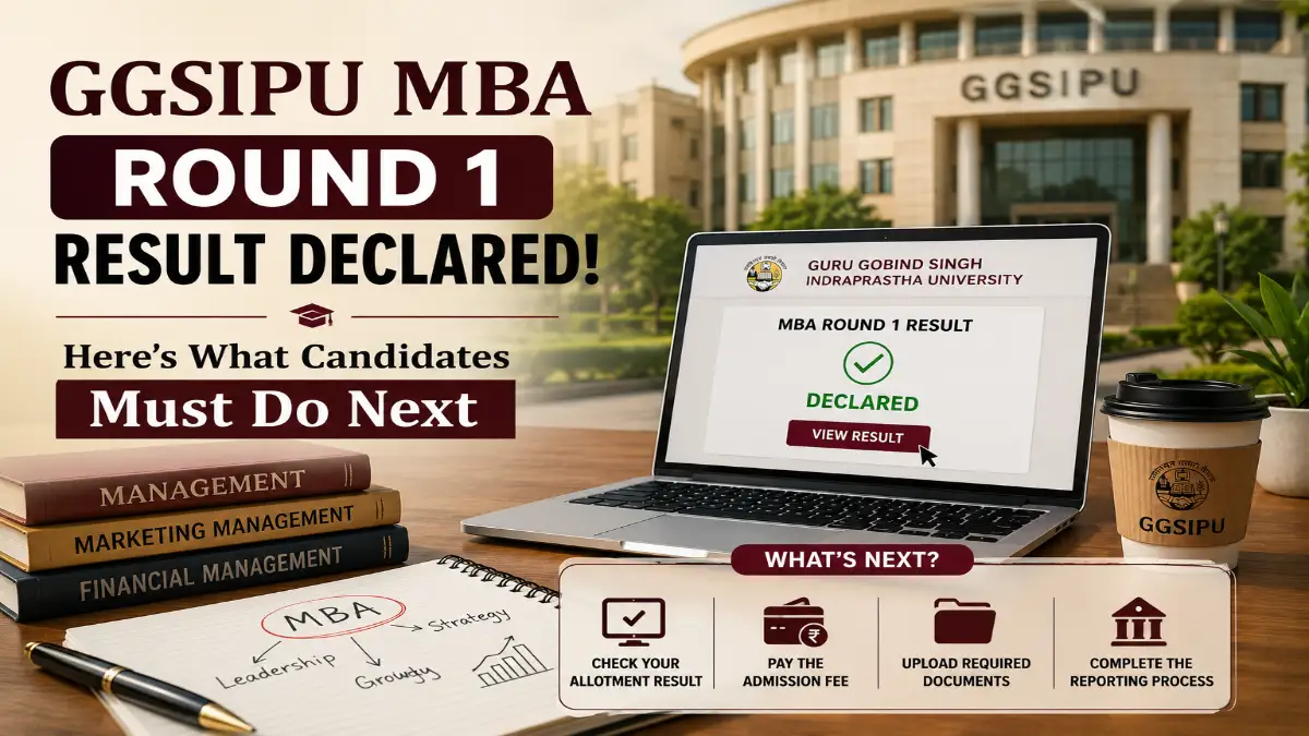 GGSIPU MBA Round 1 result 2026 graphic featuring the university campus, result portal, MBA books and candidate next-step instructions.