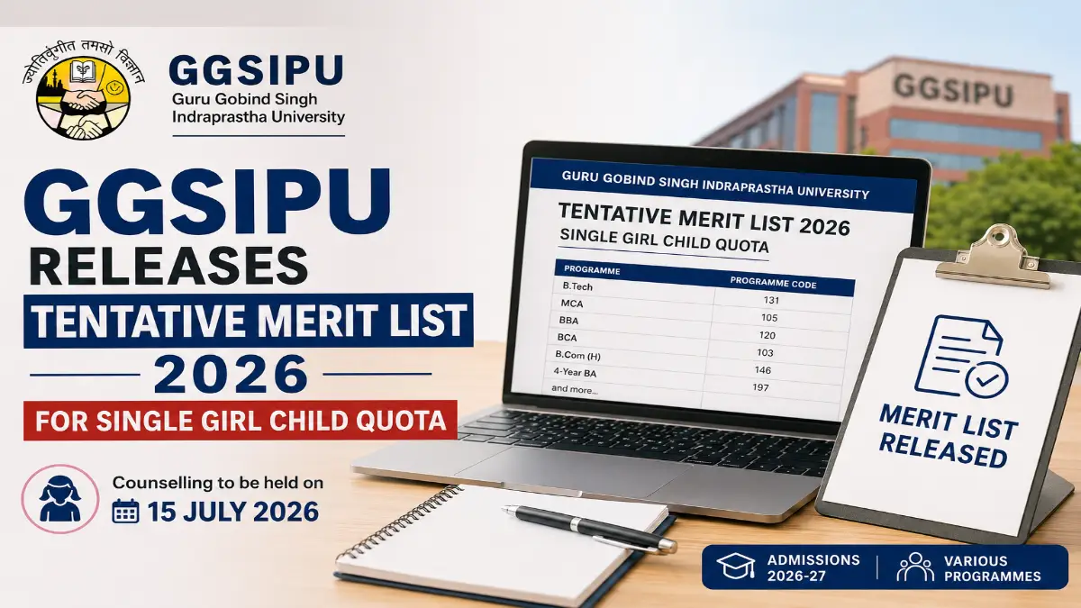 Editorial illustration showing the GGSIPU tentative merit list for Single Girl Child Quota admissions 2026 displayed on a laptop screen.