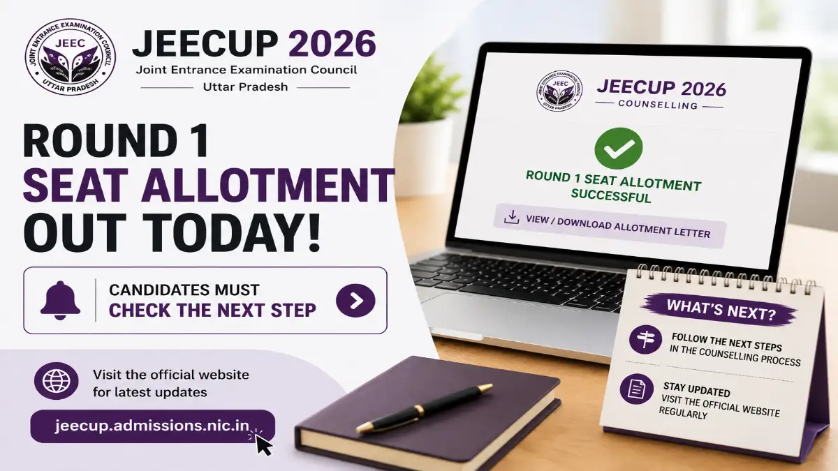 JEECUP 2026 Round 1 seat allotment graphic showing candidates must check the next step on the official website.