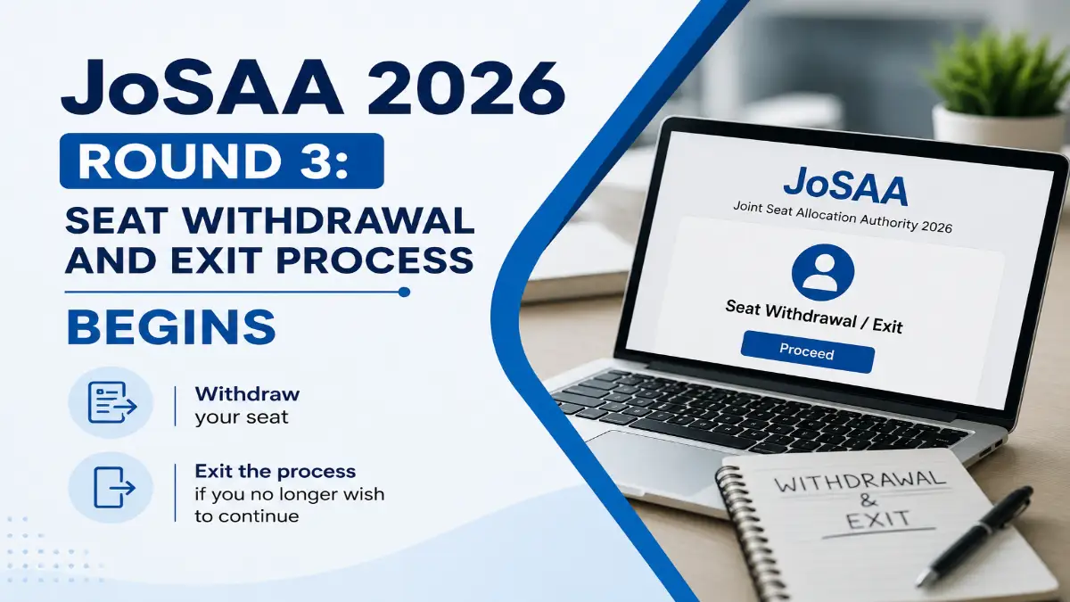 Illustration of a laptop displaying the JoSAA 2026 Round 3 seat withdrawal and exit process with minimal blue-themed graphics and admission-related icons.