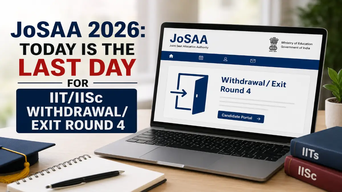 JoSAA 2026 Round 4 withdrawal and exit deadline graphic featuring the JoSAA candidate portal on a laptop with IIT and IISc admission elements.