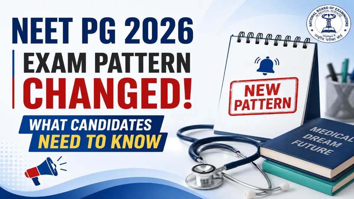 NEET PG 2026 exam pattern update graphic highlighting changes announced for postgraduate medical entrance examination.