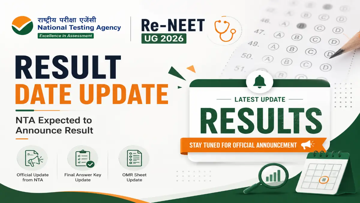 Re-NEET UG 2026 result date update graphic with NTA, final answer key and OMR sheet details.
